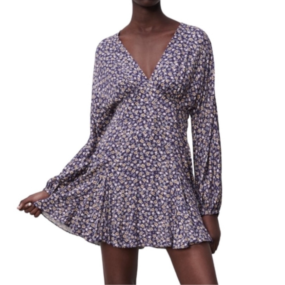 Zara Floral Print Blouse Dress Coquette Dainty V-neck Size Small Summer Coquette